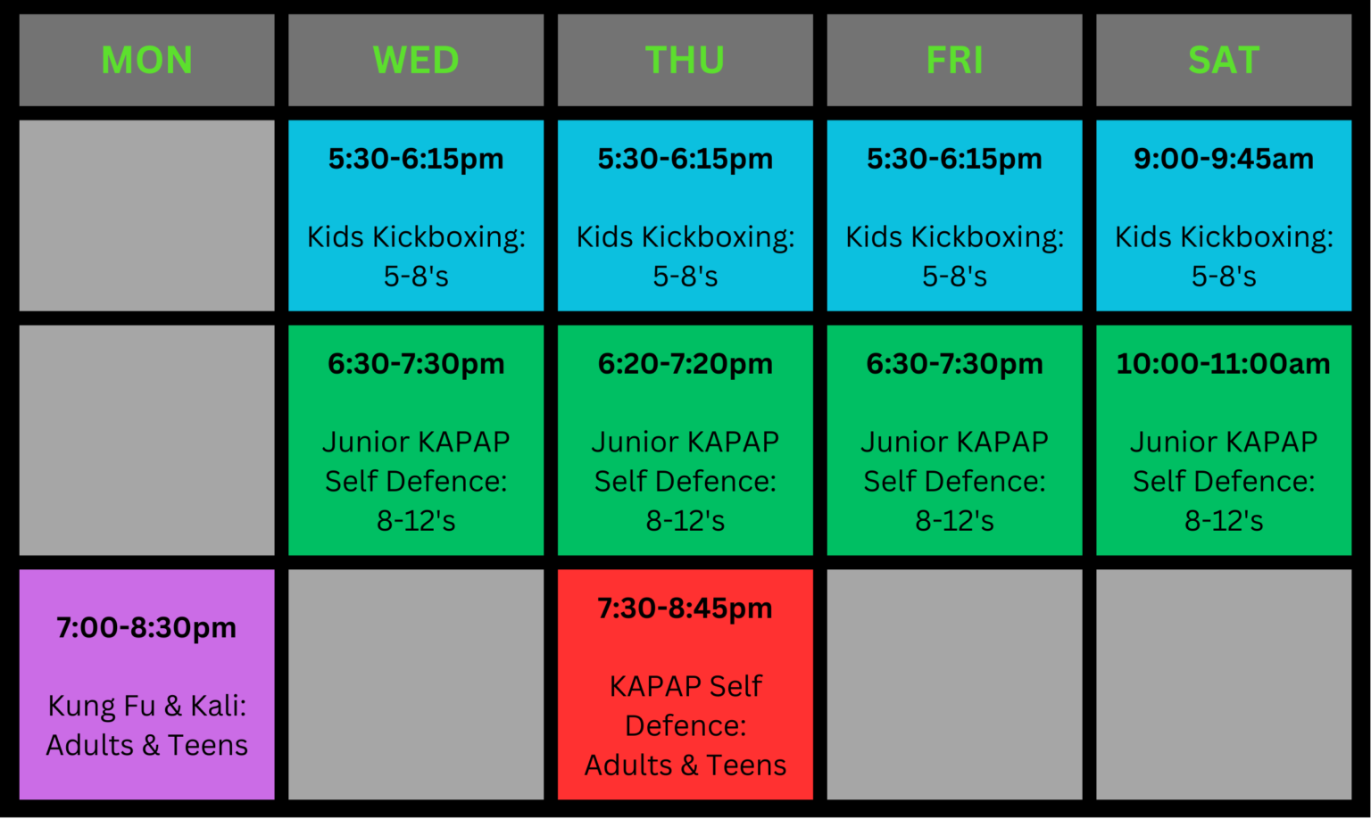 Trinity Martial Arts Timetable